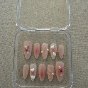 Pink and Cream Press-On Nails with Heart and Pearl Accents